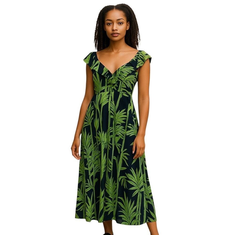 Lilly Pulitzer Women Dress Navy Green Bamboo Silk Jersey Ruffle V-Neck Mid XS